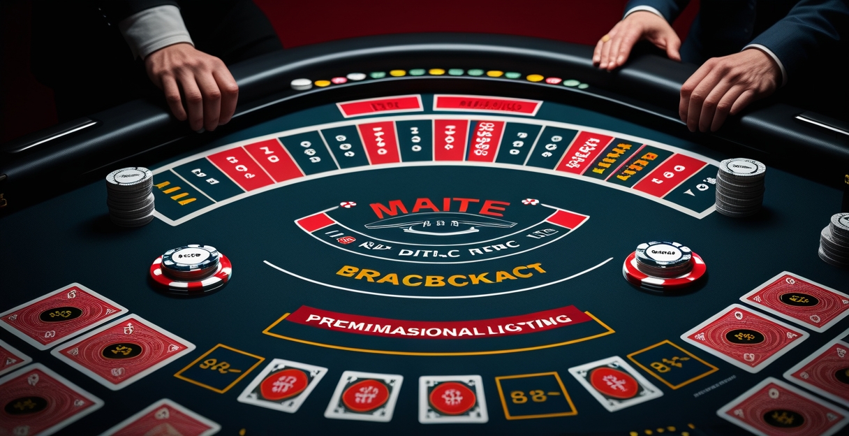 Bàn blackjack online với bài 21 và chip cược — FIVE88 dark navy electric red