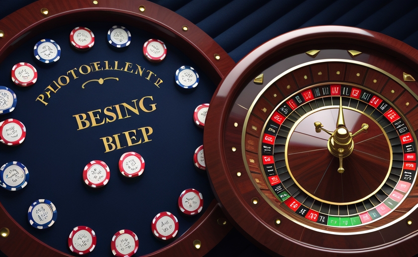 Bảng cược roulette với chip và bố cục số đầy đủ trên bàn