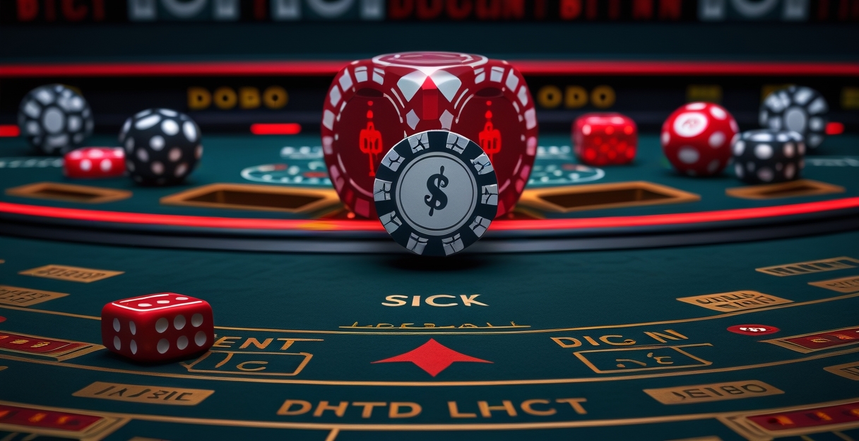 Ba xúc xắc sicbo trên bàn casino với đèn neon dark navy electric red FIVE88
