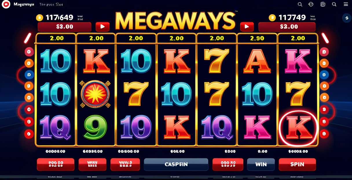 Màn hình Megaways slot hiển thị 117649 ways to win với các reel động thay đổi kích thước nền tối đỏ